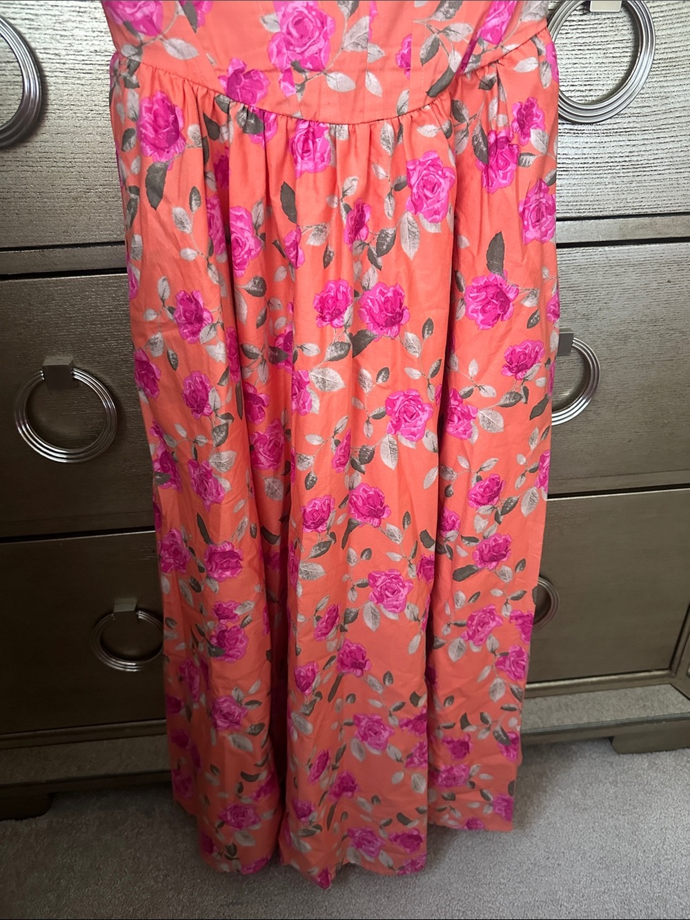 🛍️FINAL PRICE🛍️ WAYF Coral Corset Dress Peach-Orange with Hot Pink Rose Print - Picture 5 of 7